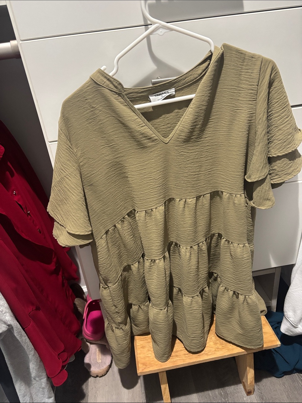 Zenana Outfitters Olive Tiered V-Neck Flutter Sleeve Tunic